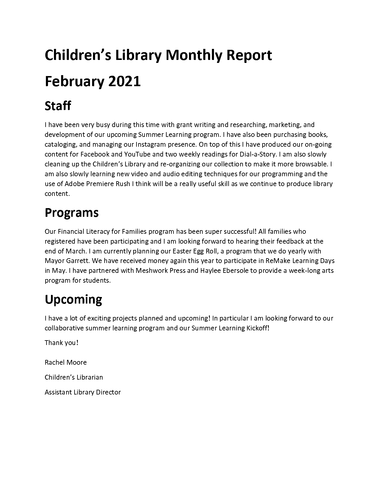 academic library monthly report