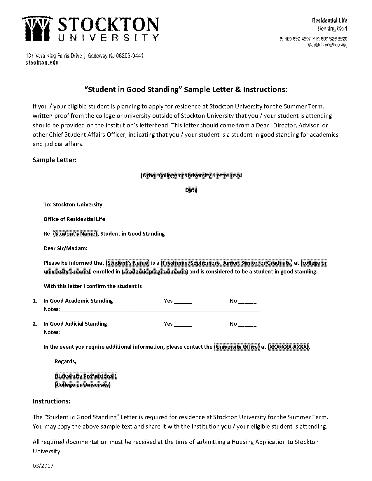 sample letter of good academic standing