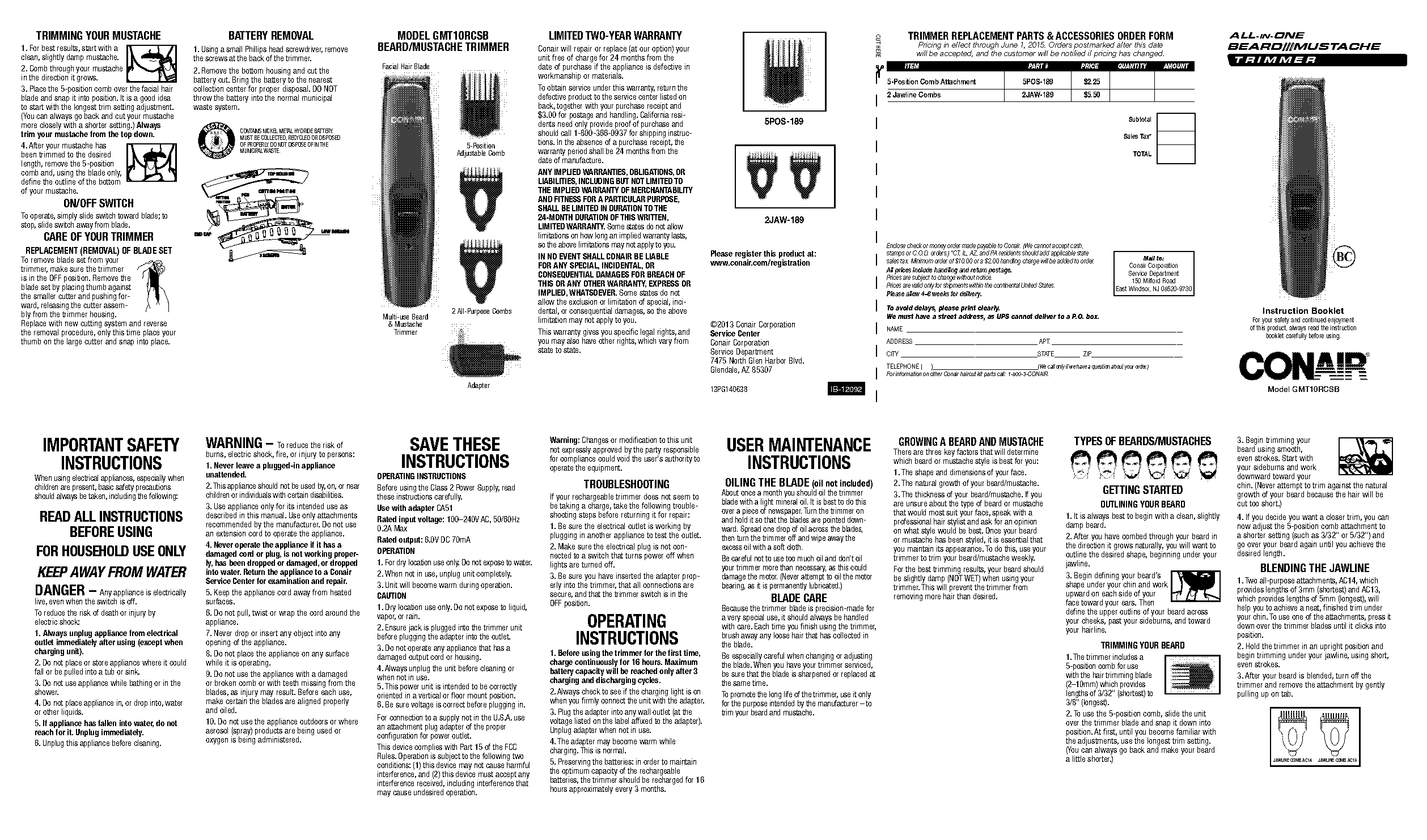 conair trim and shape hair trimmer instructions