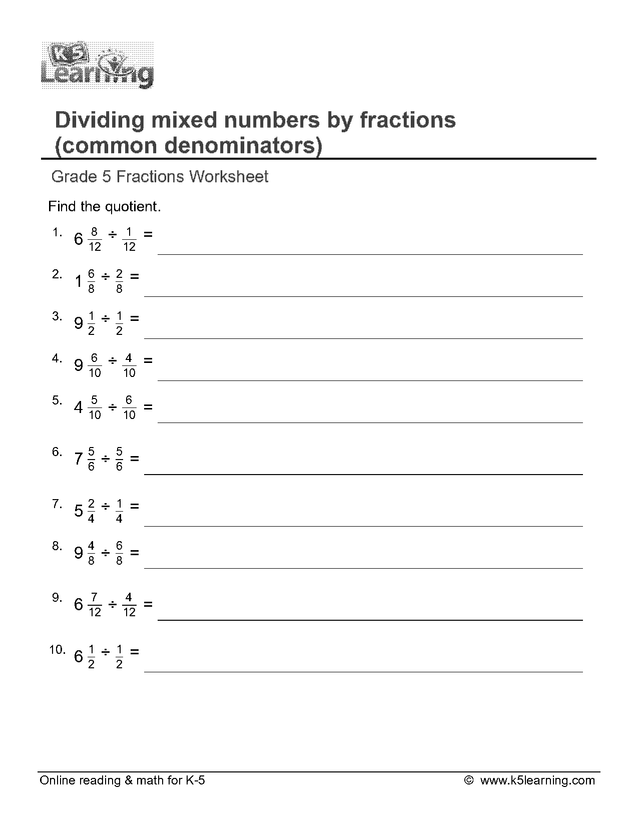 dividing mixed fractions worksheets pdf