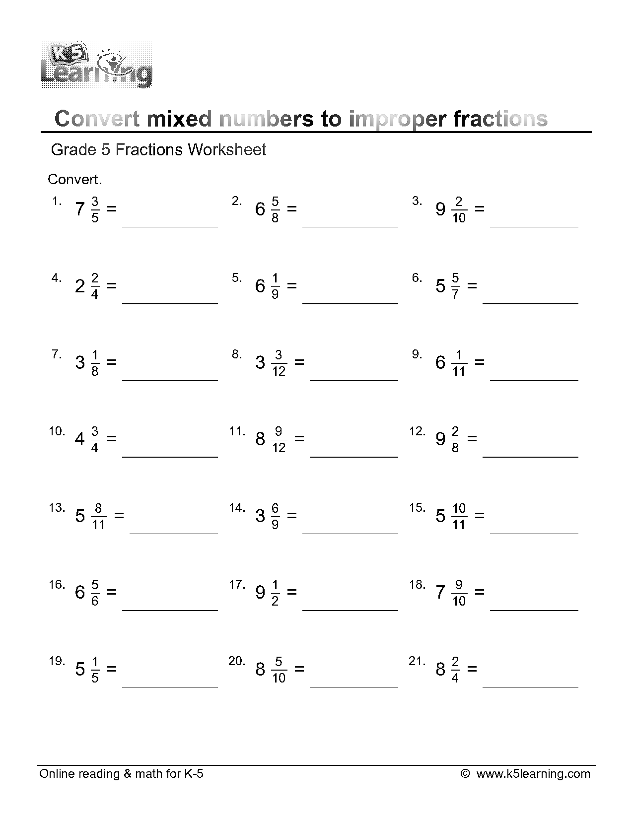 change mixed fraction to improper fraction worksheet