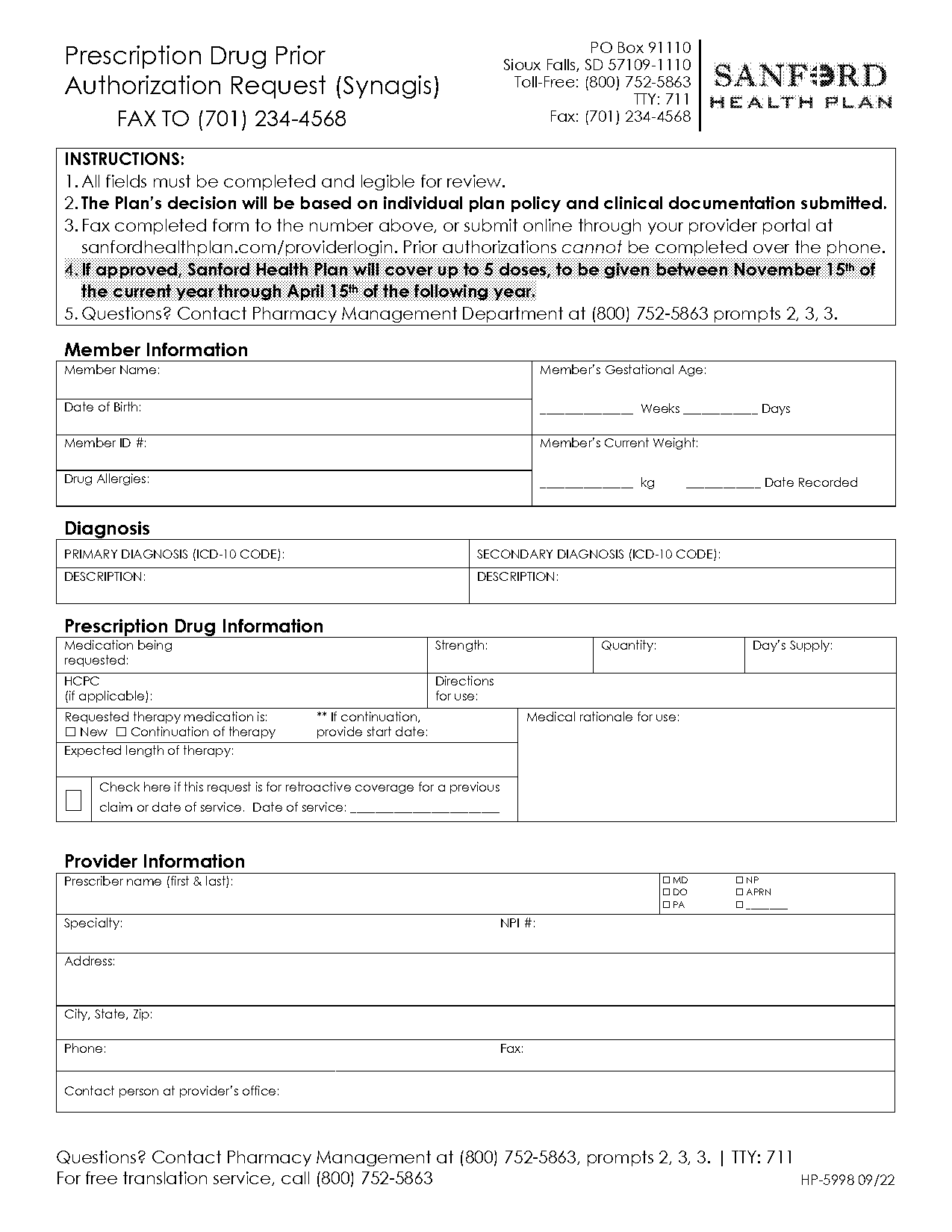 sanford health plan pharmacy prior authorization form