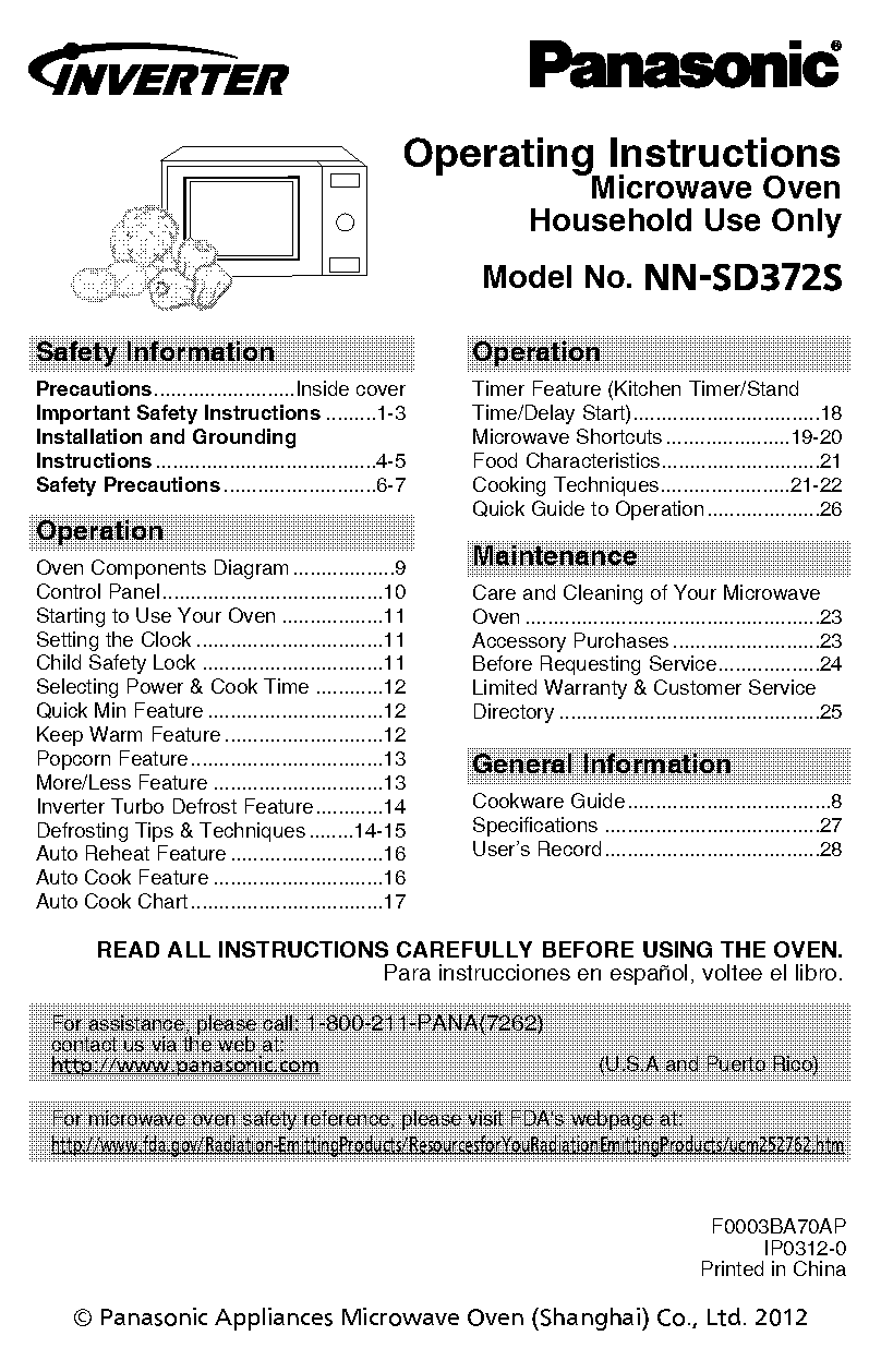 panasonic inverter microwave operating instructions