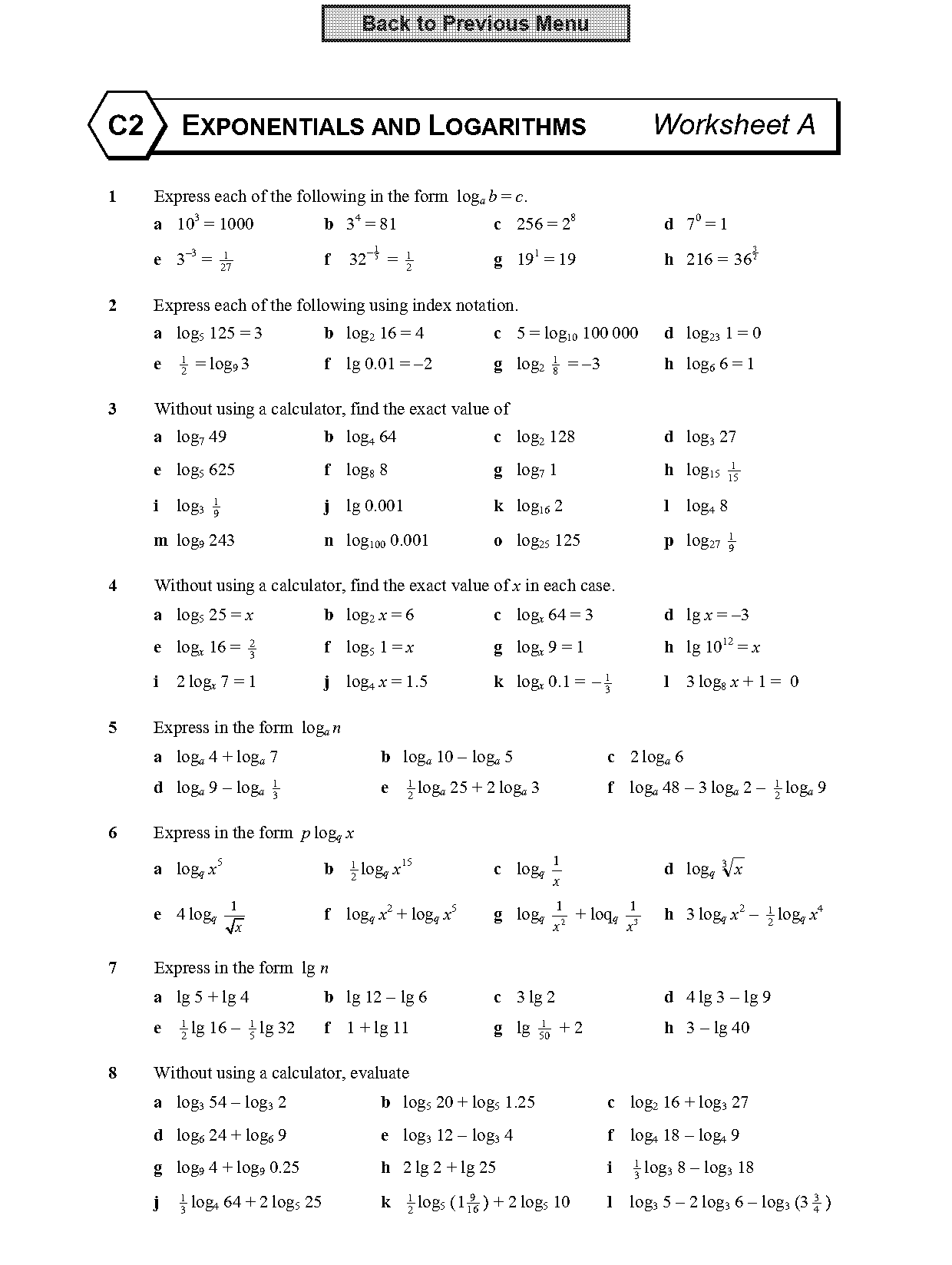 exponential and logarithmic functions worksheet