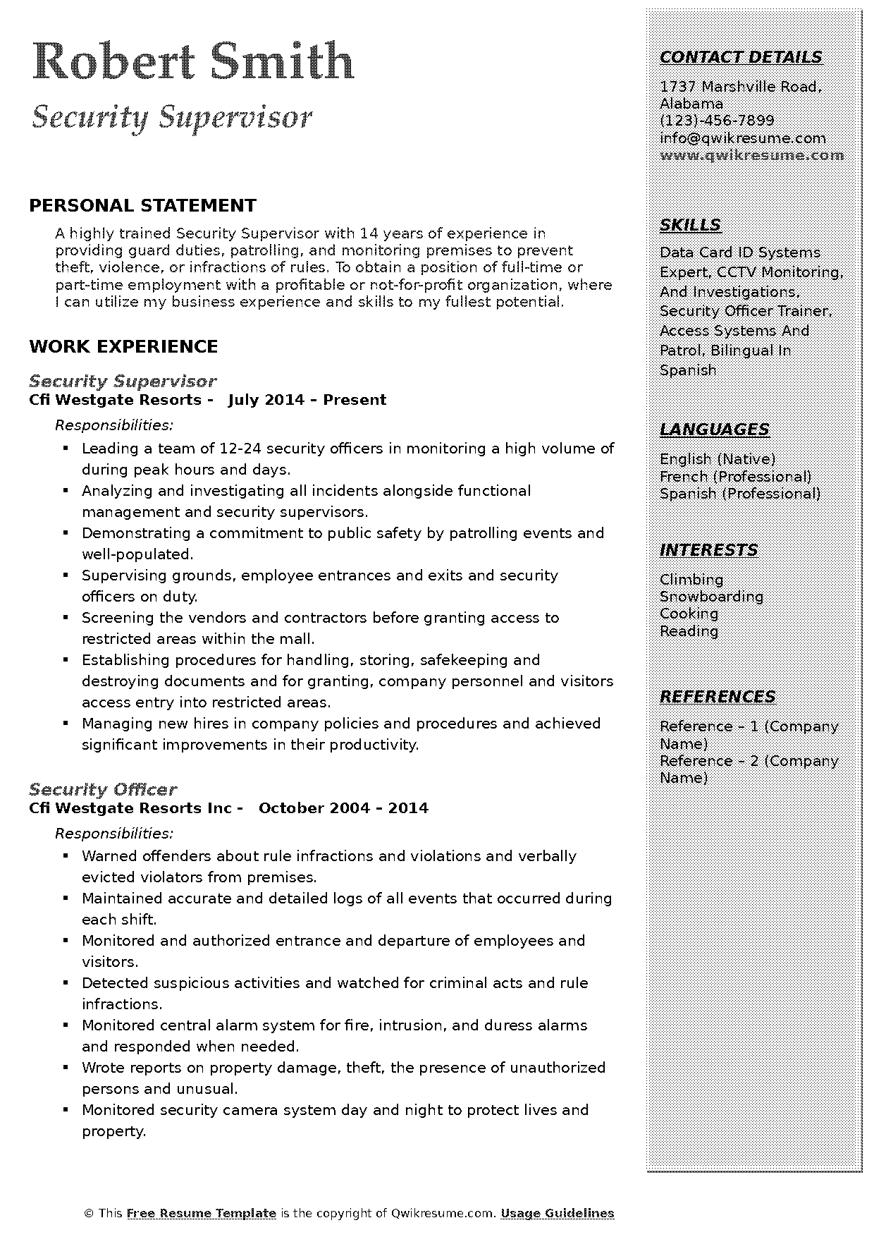 free security guard resume samples