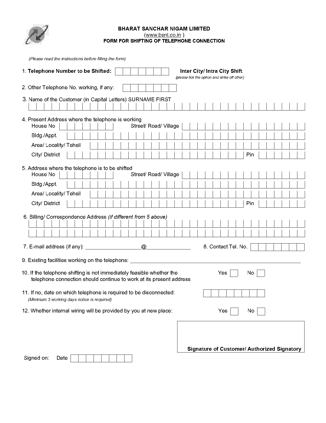 bsnl landline shifting application form download