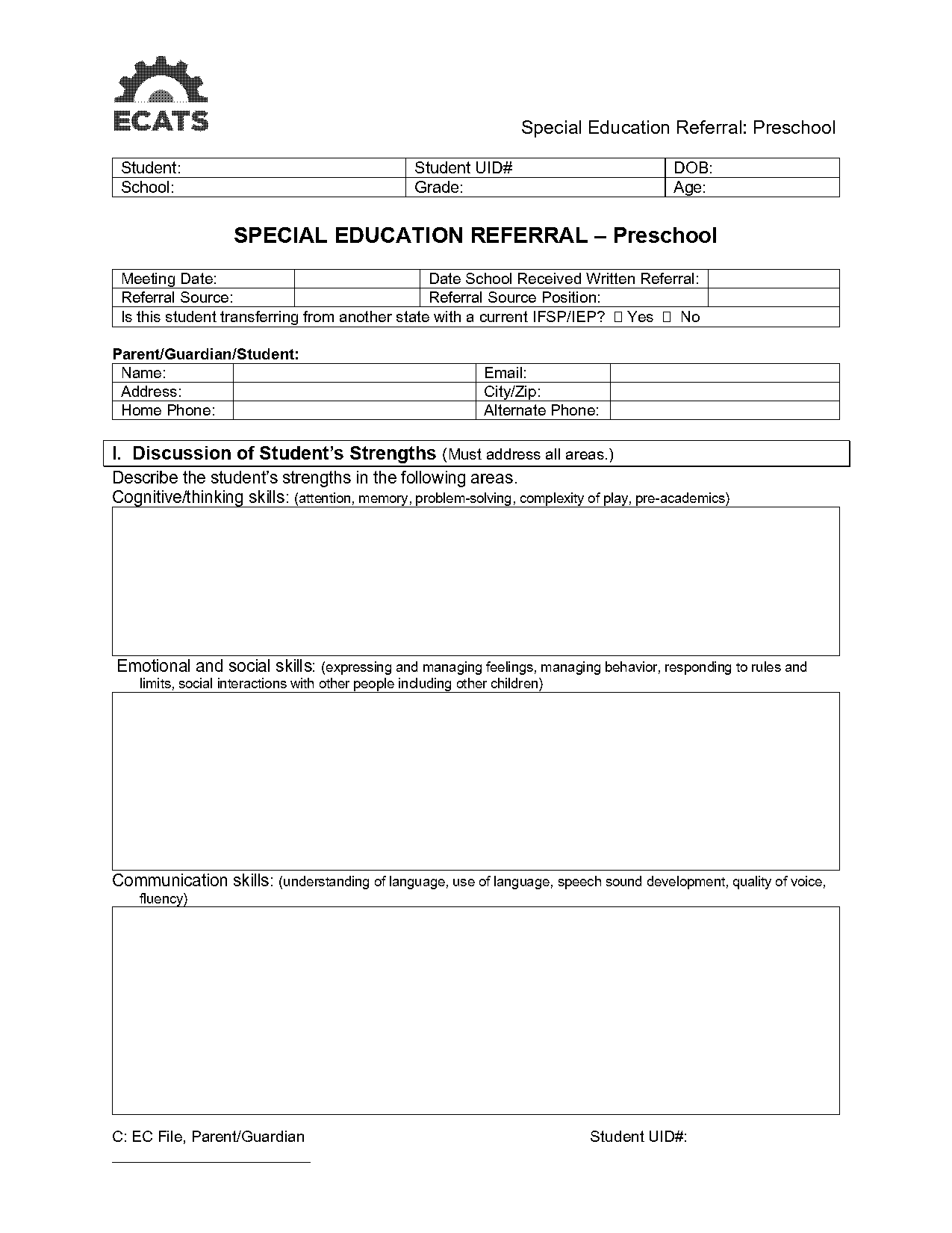 educational screening existing evaluation data form