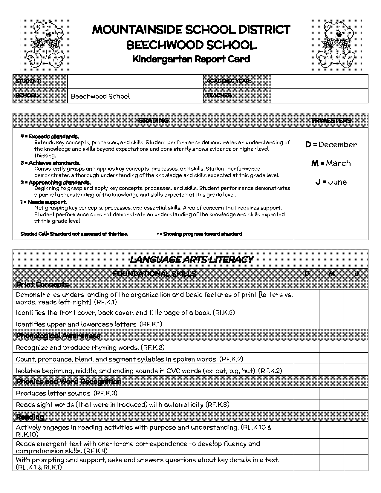 early childhood report card template