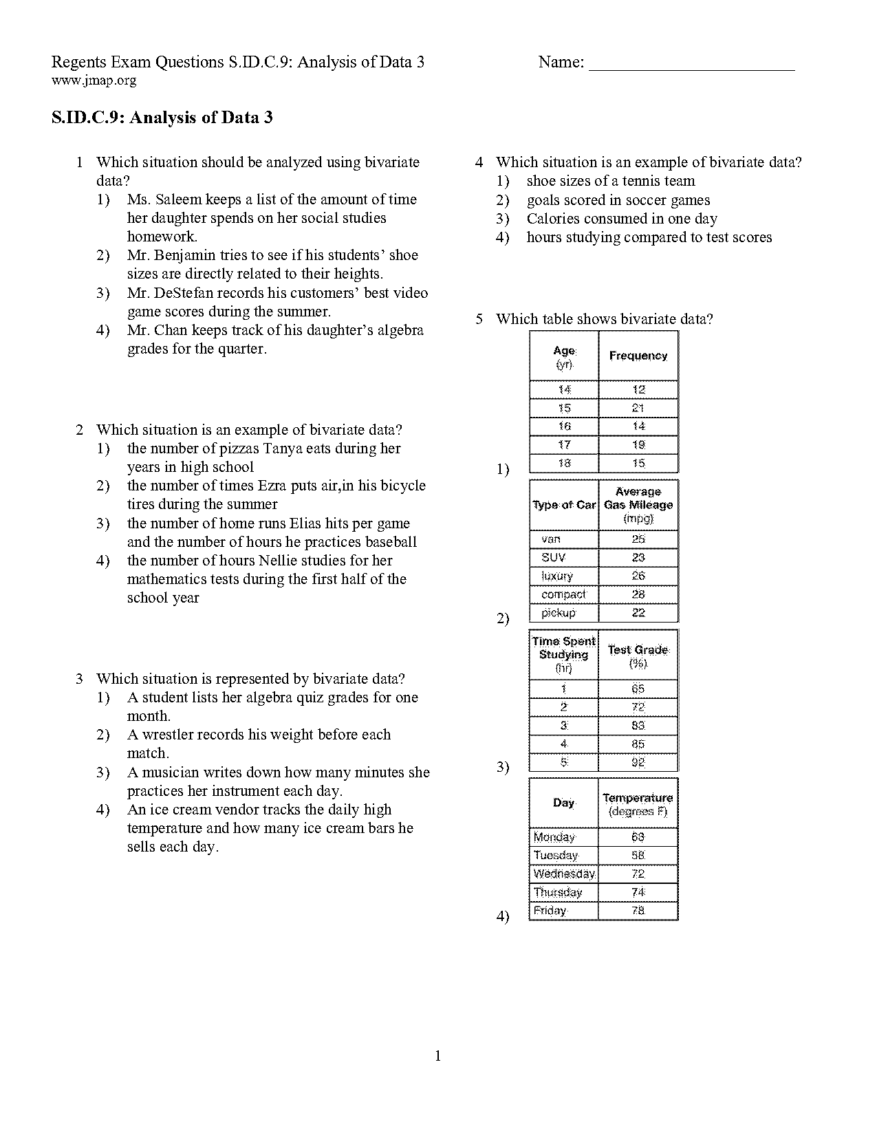 bivariate data table example