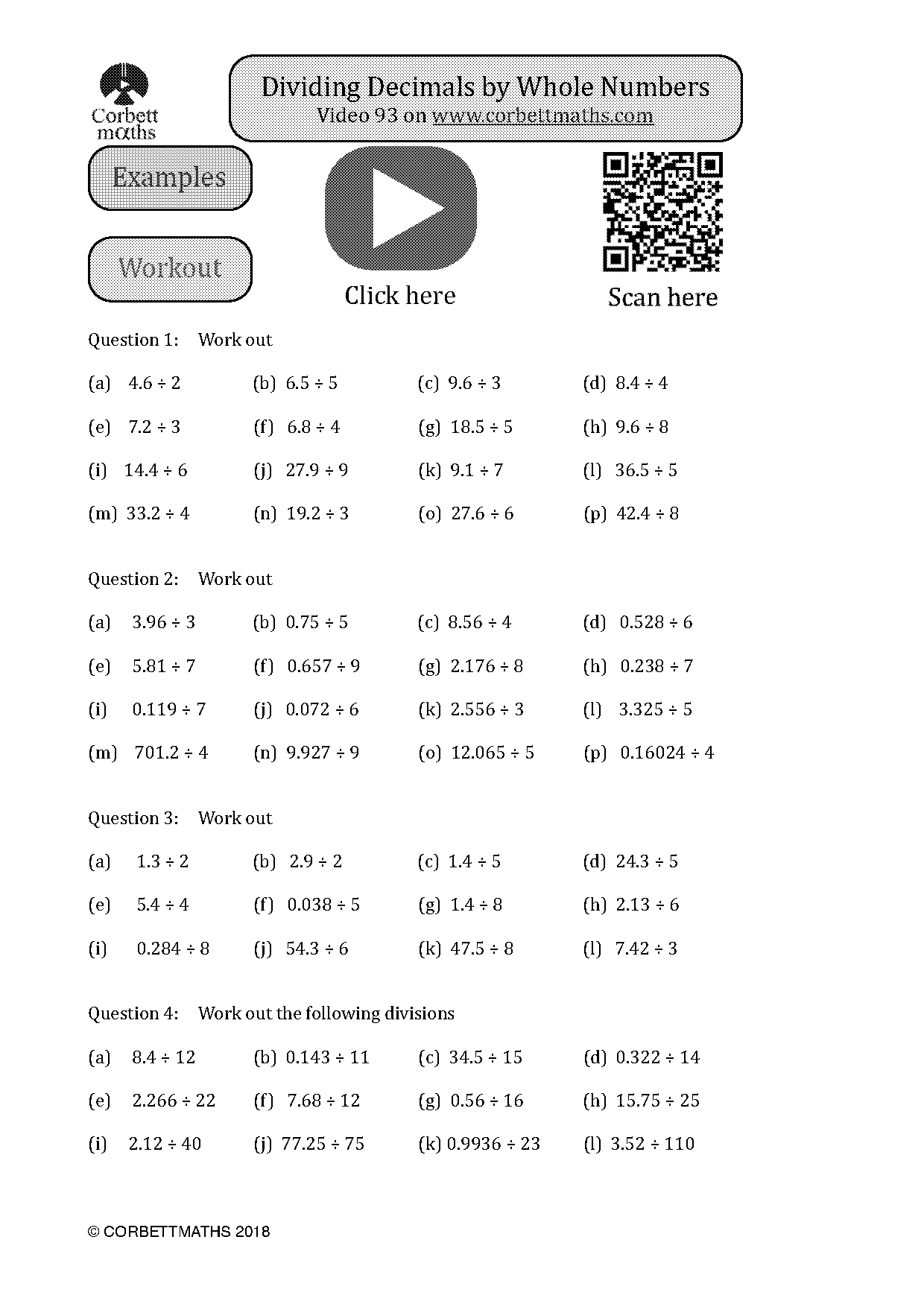 dividing decimals long division by whole numbers worksheet