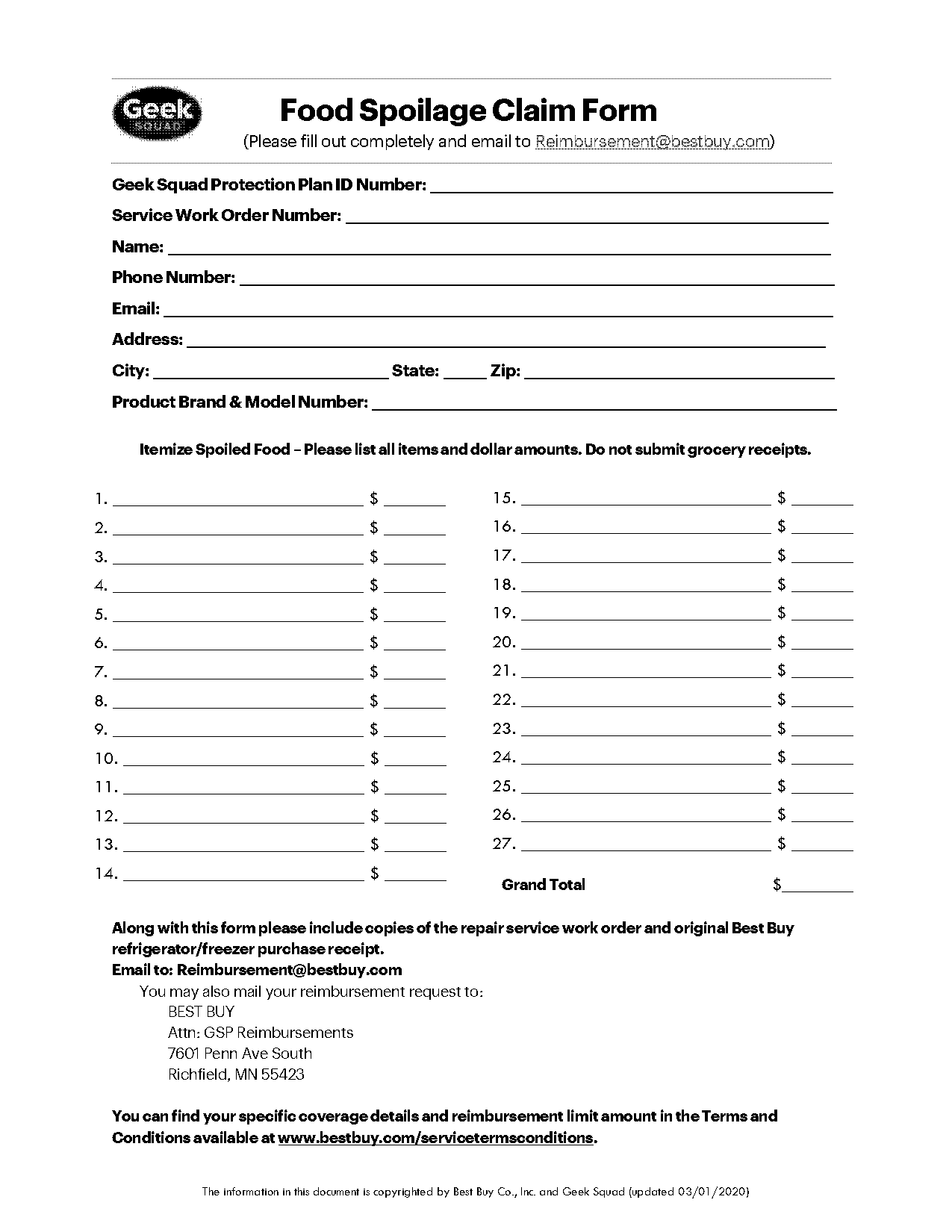 geek squad food spoilage claim form