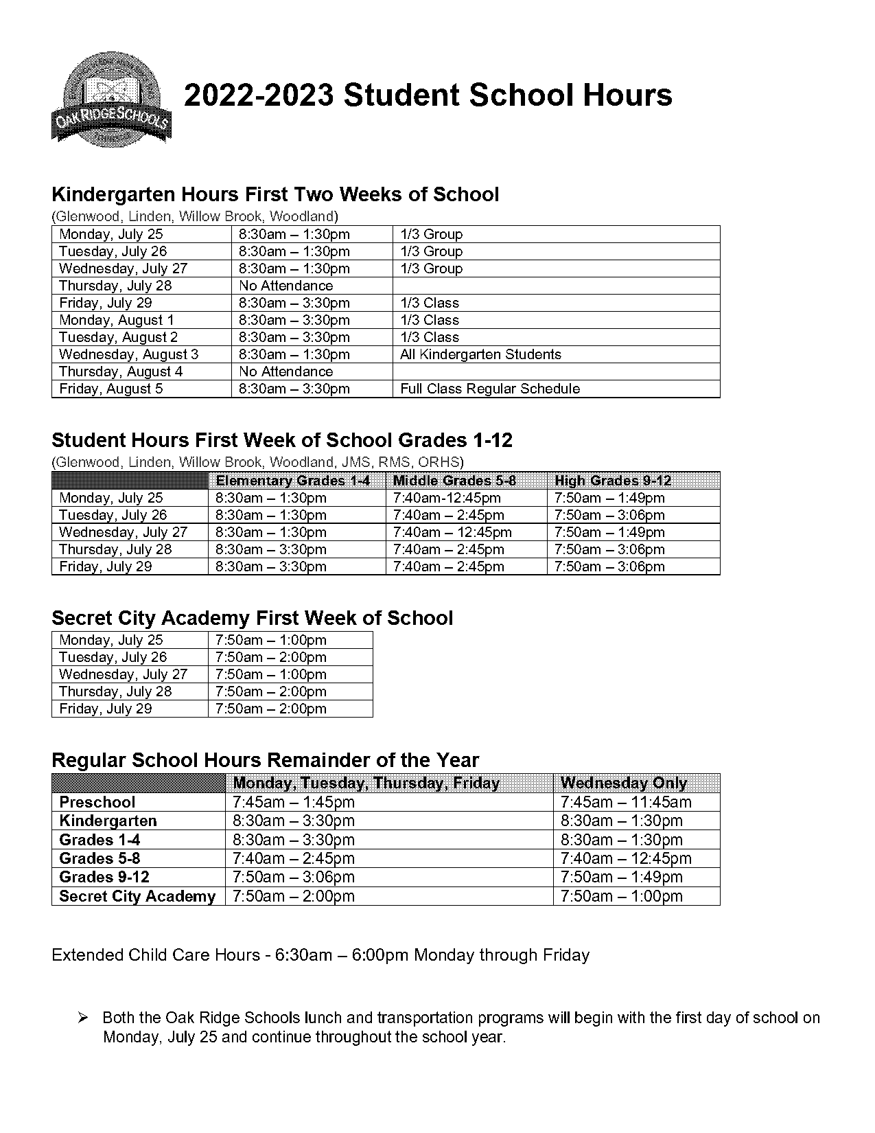 bell schedule oak ridge high school