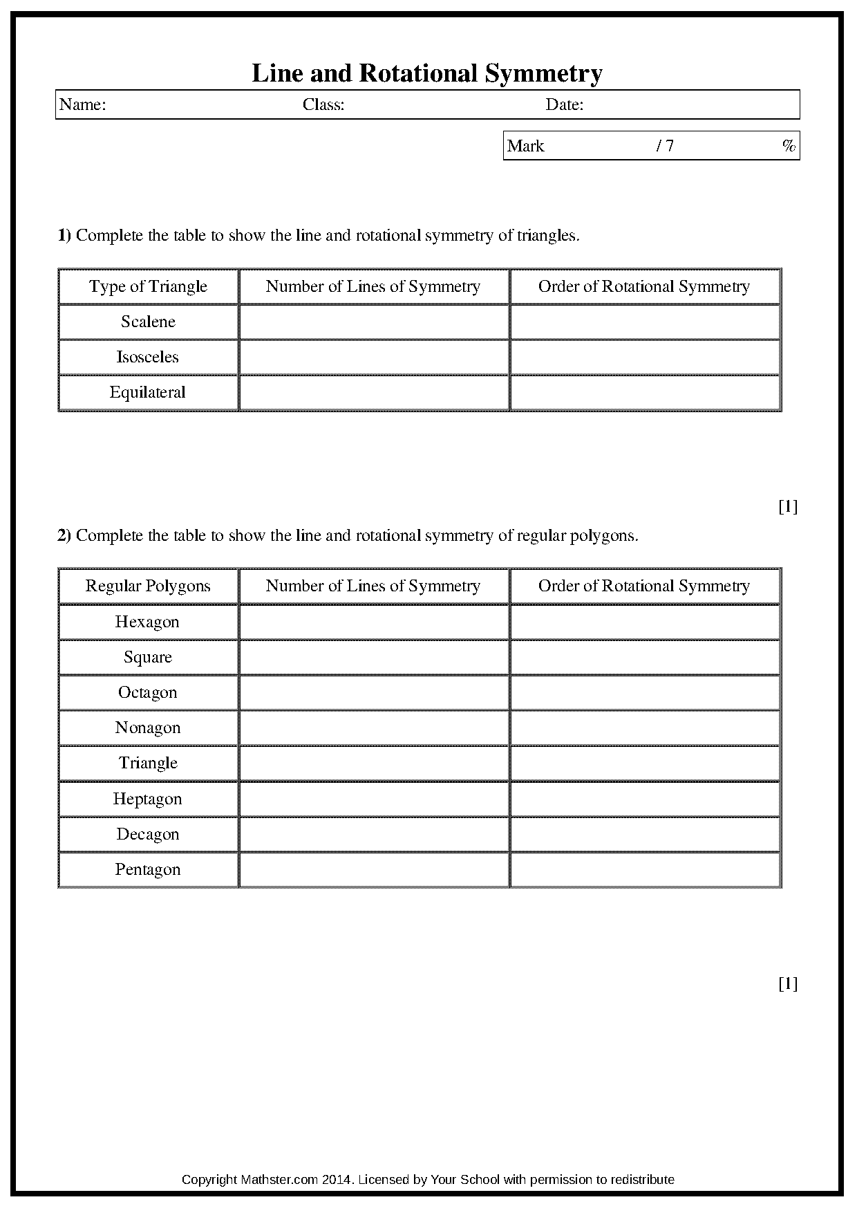 lines of symmetry in triangles worksheets