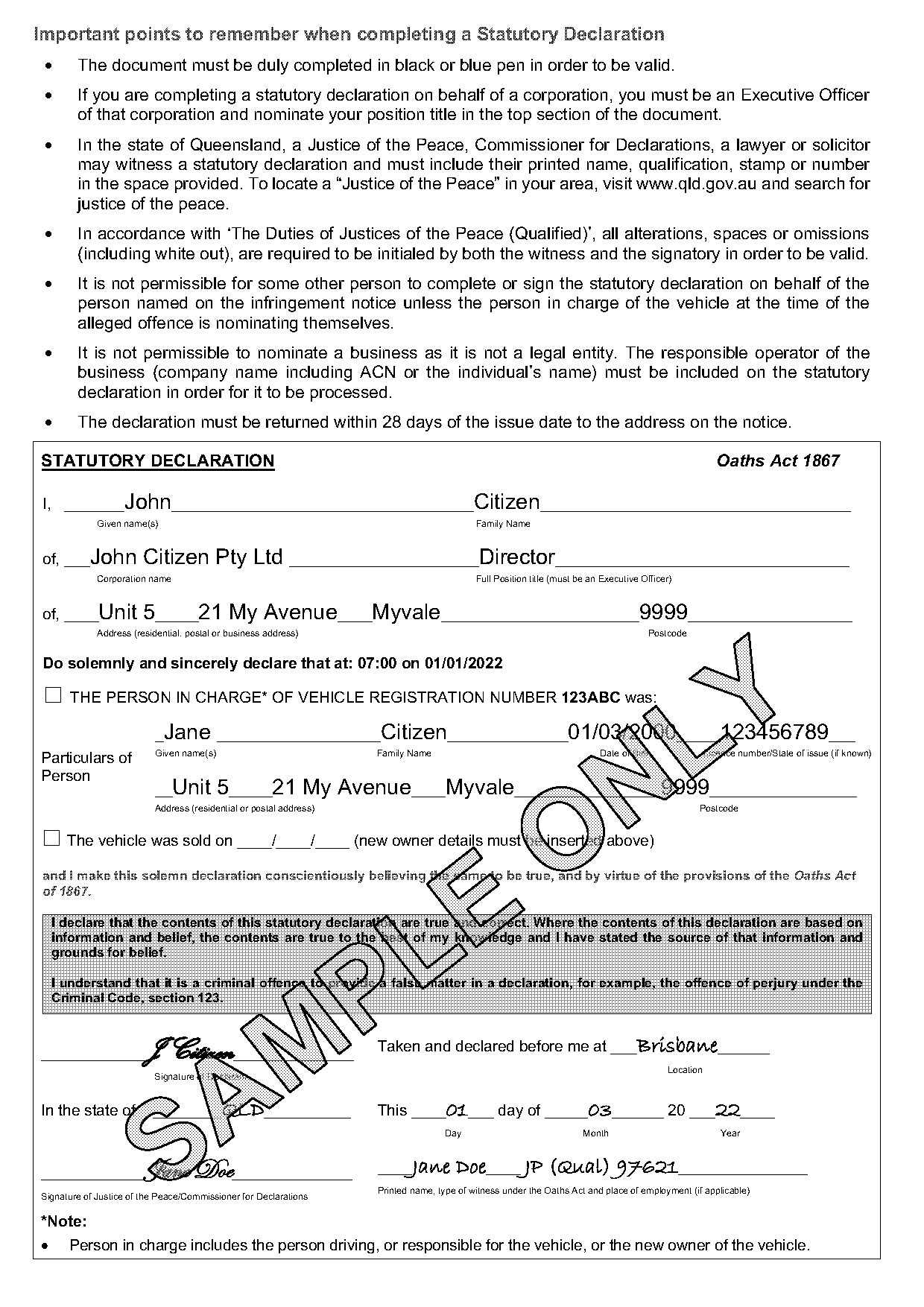 how to fill out a statutory declaration