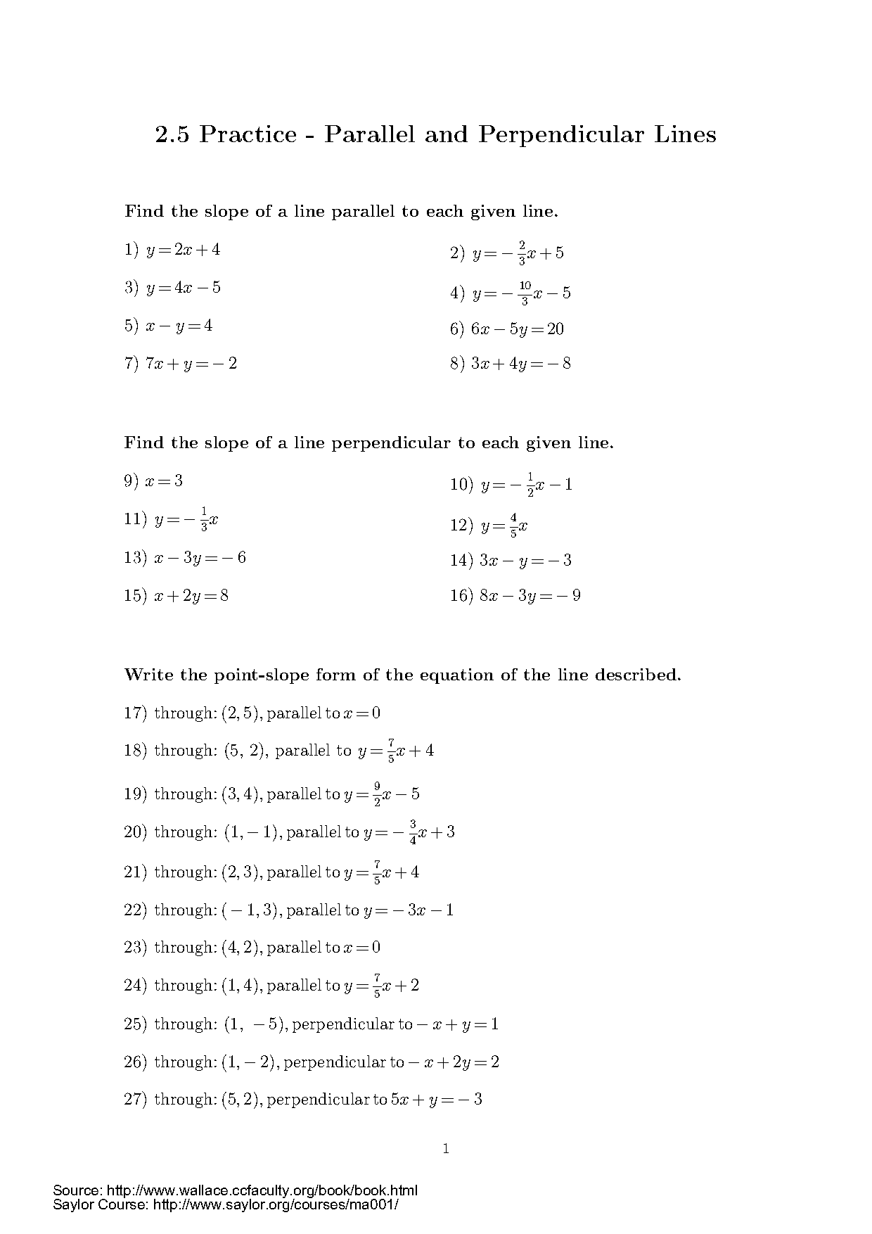 what is the slope of the parallel line worksheet