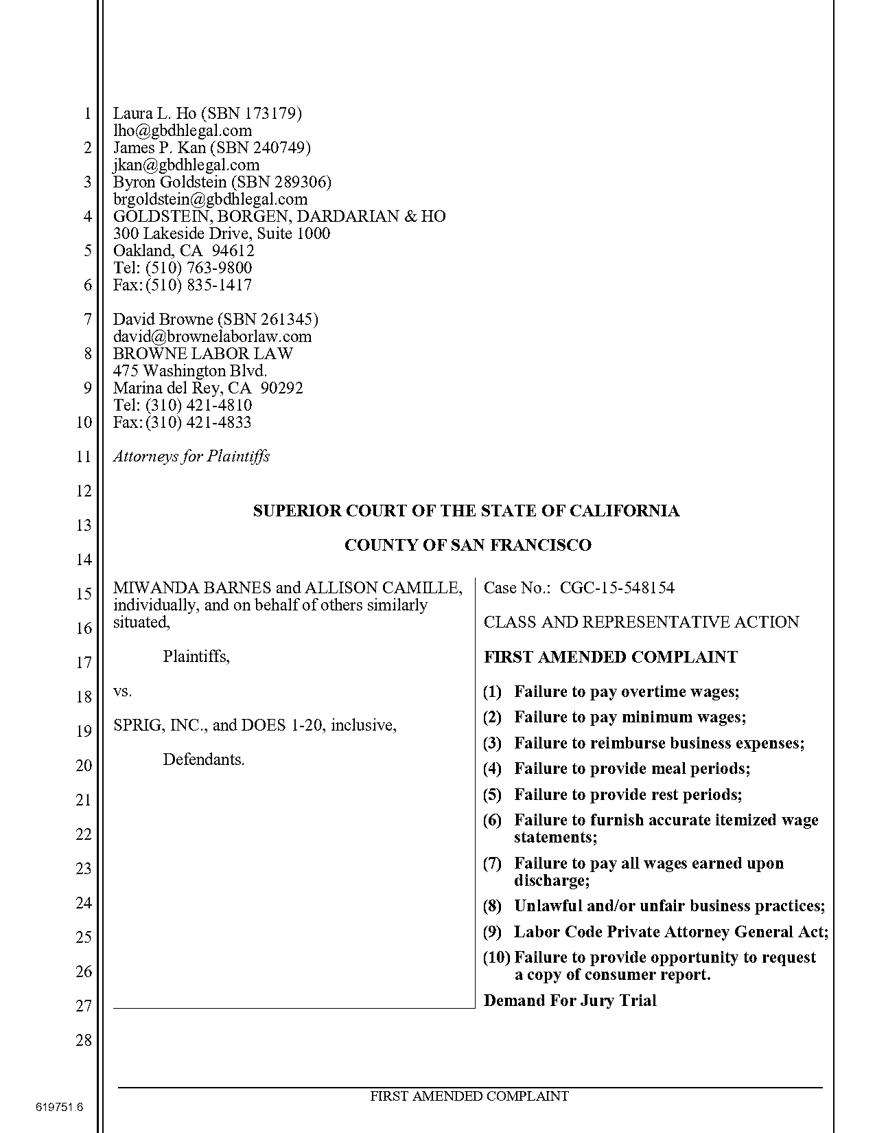 example wage and hour complaint california