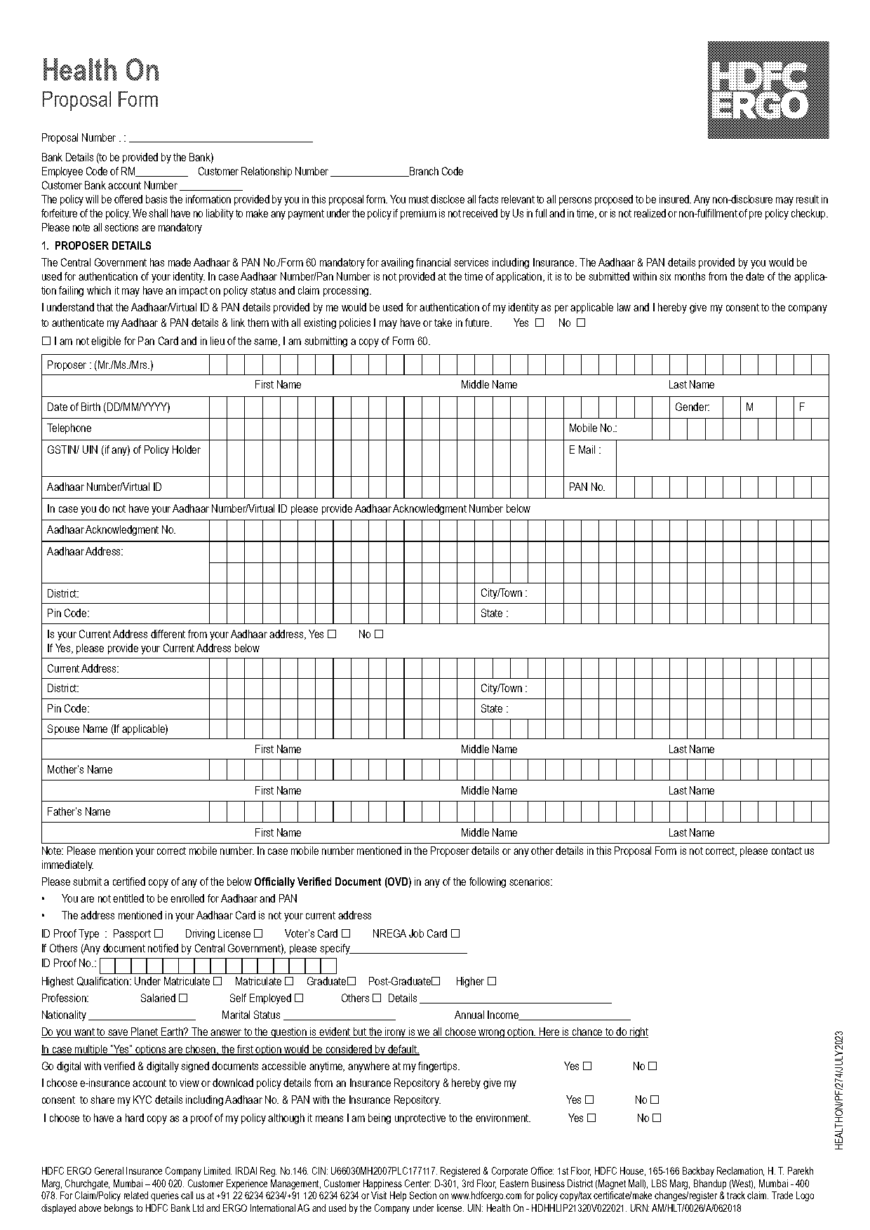 hdfc ergo good health declaration form