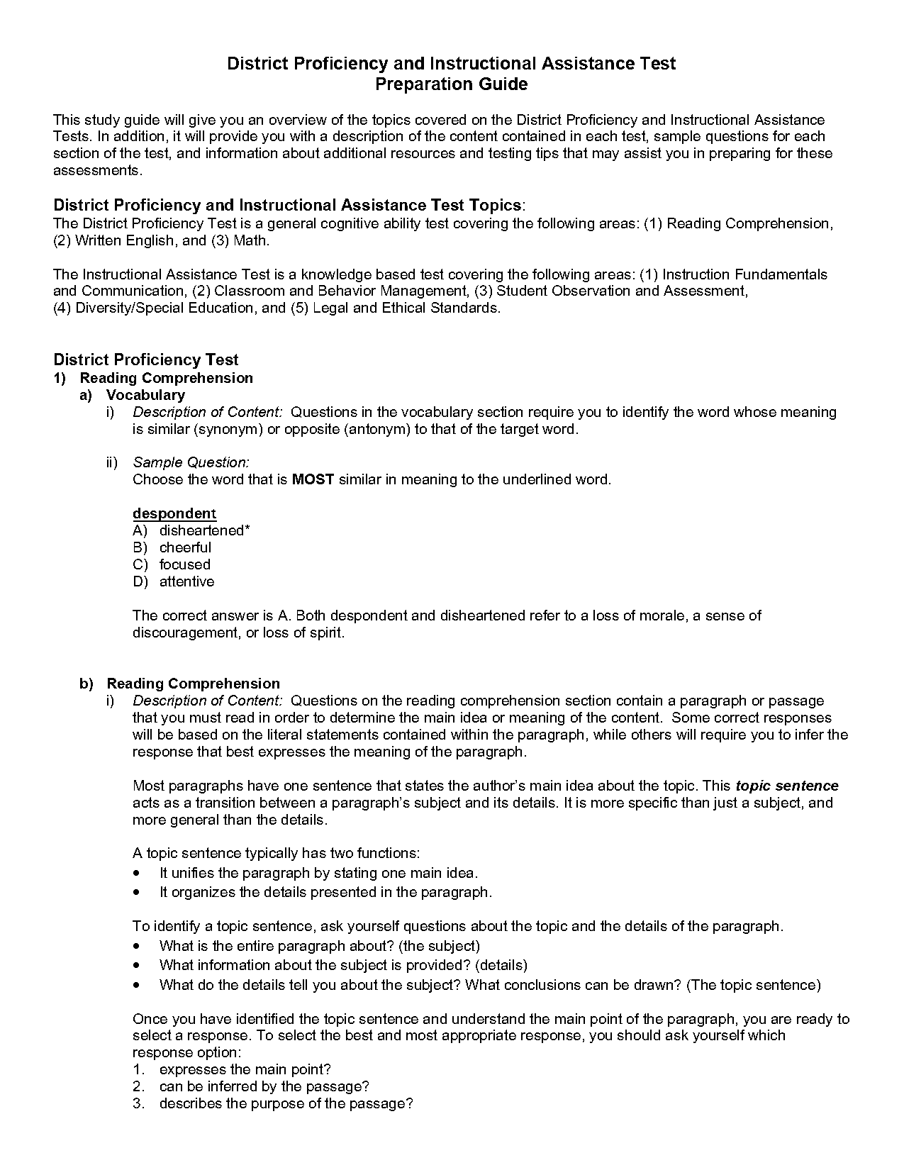 district proficiency and instructional assistant test