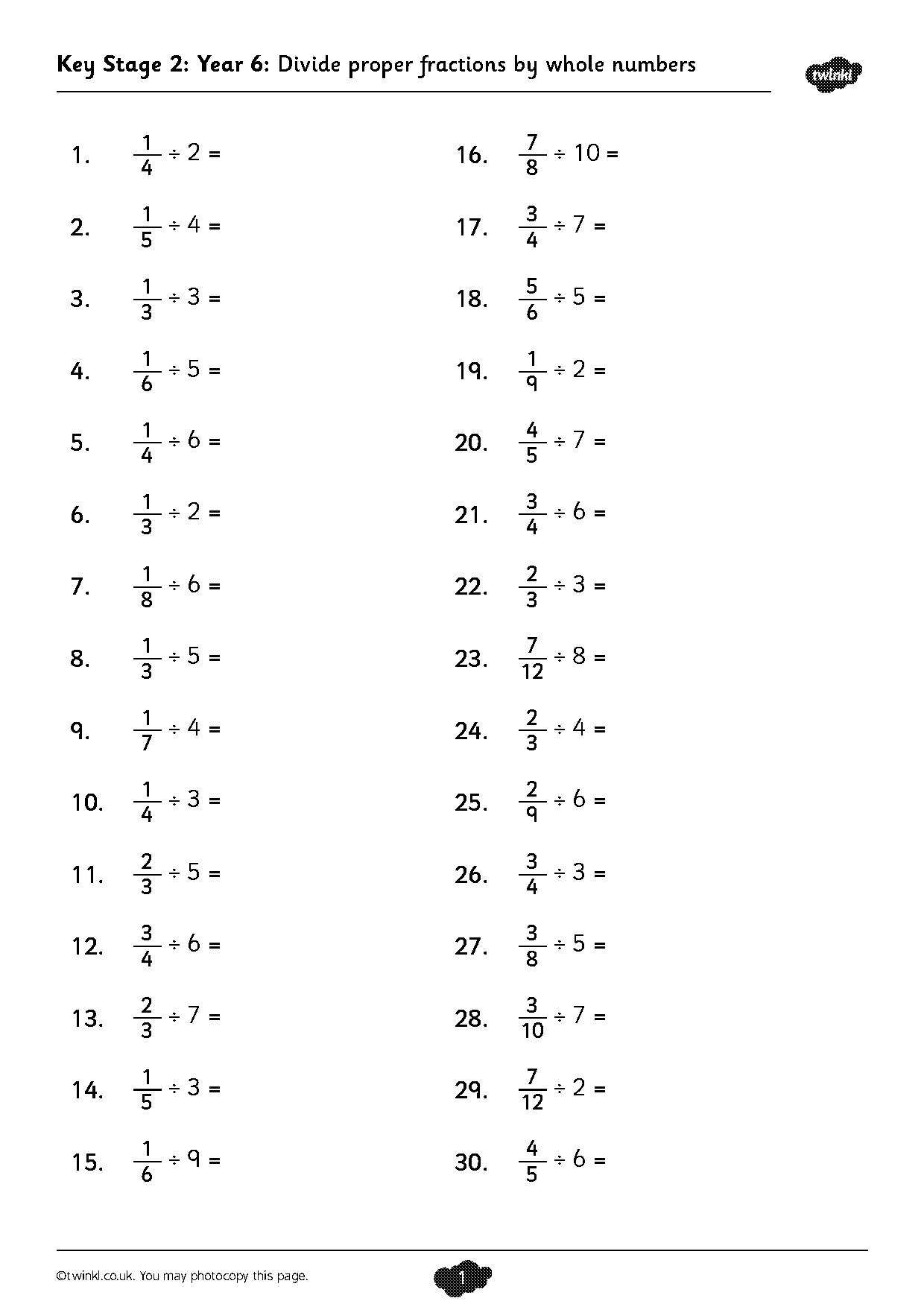 divide by fractions worksheet