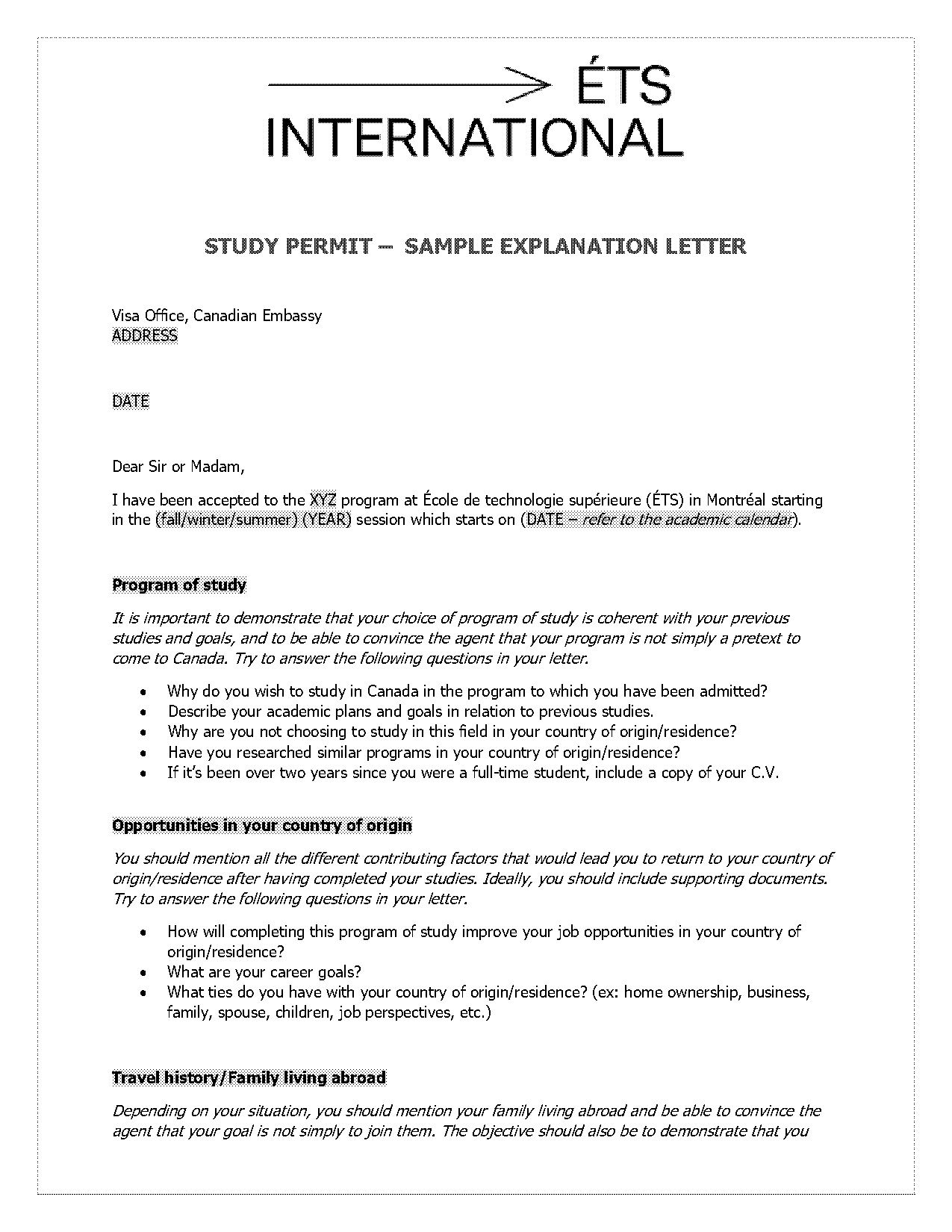 letter of explanation for visa application canada