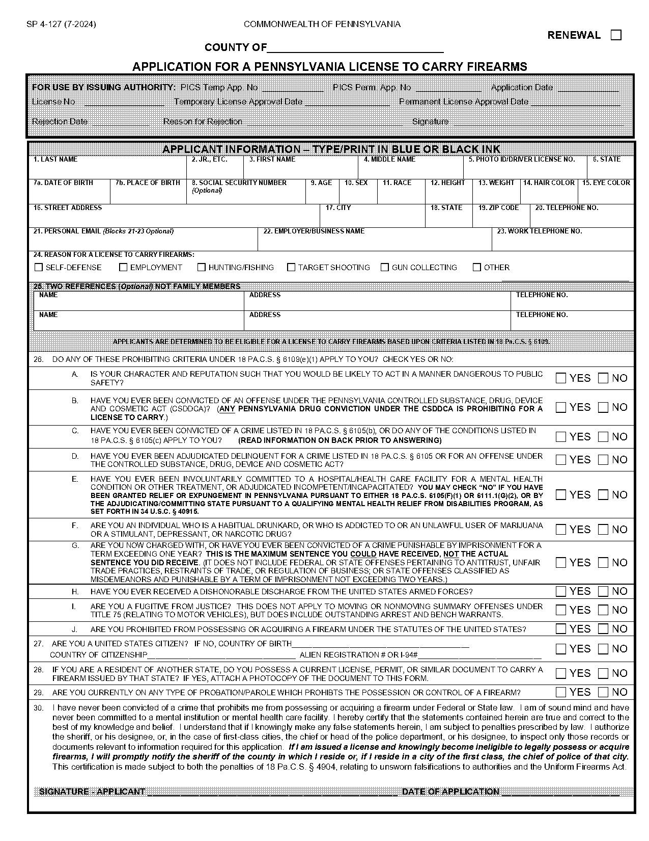 application for chester county license to carry firearms