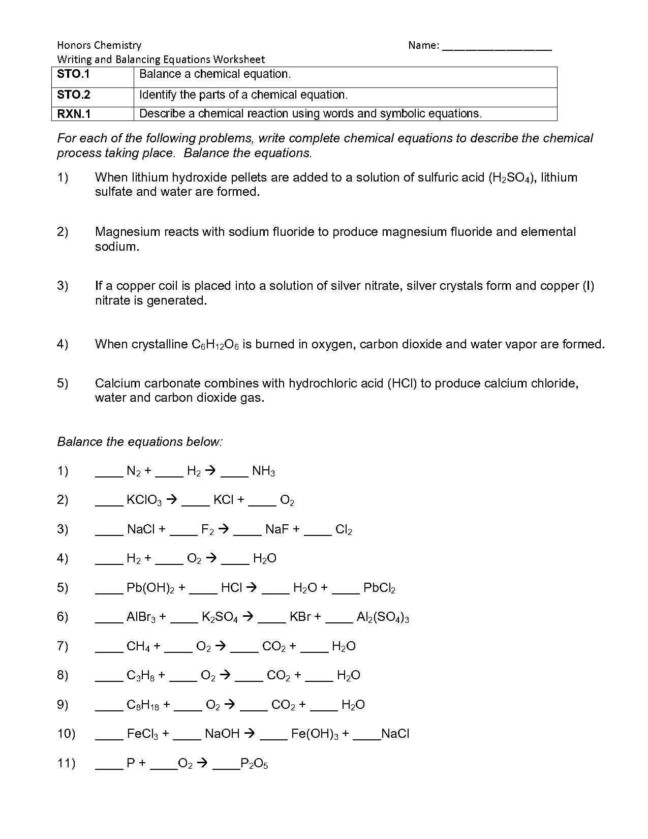 balancing and writing chemical equations worksheet answers