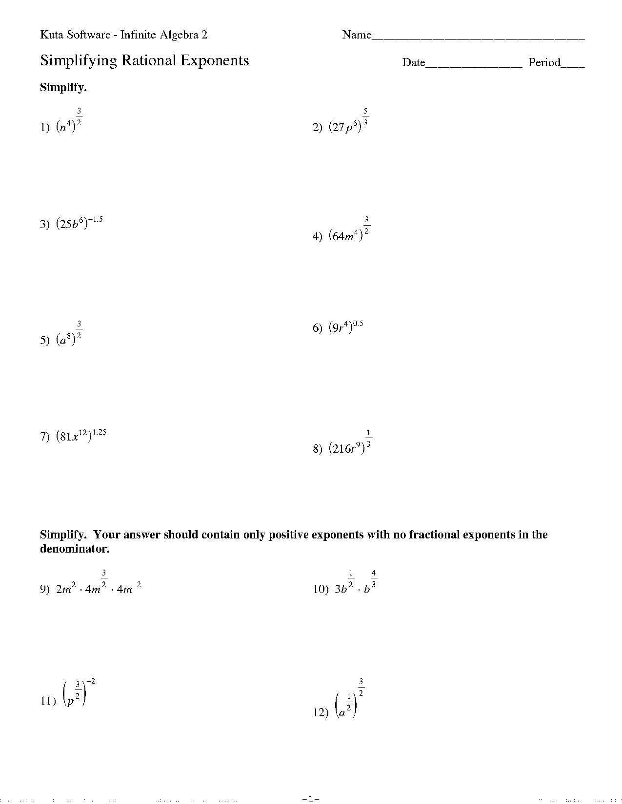 radical to fractional exponent worksheets