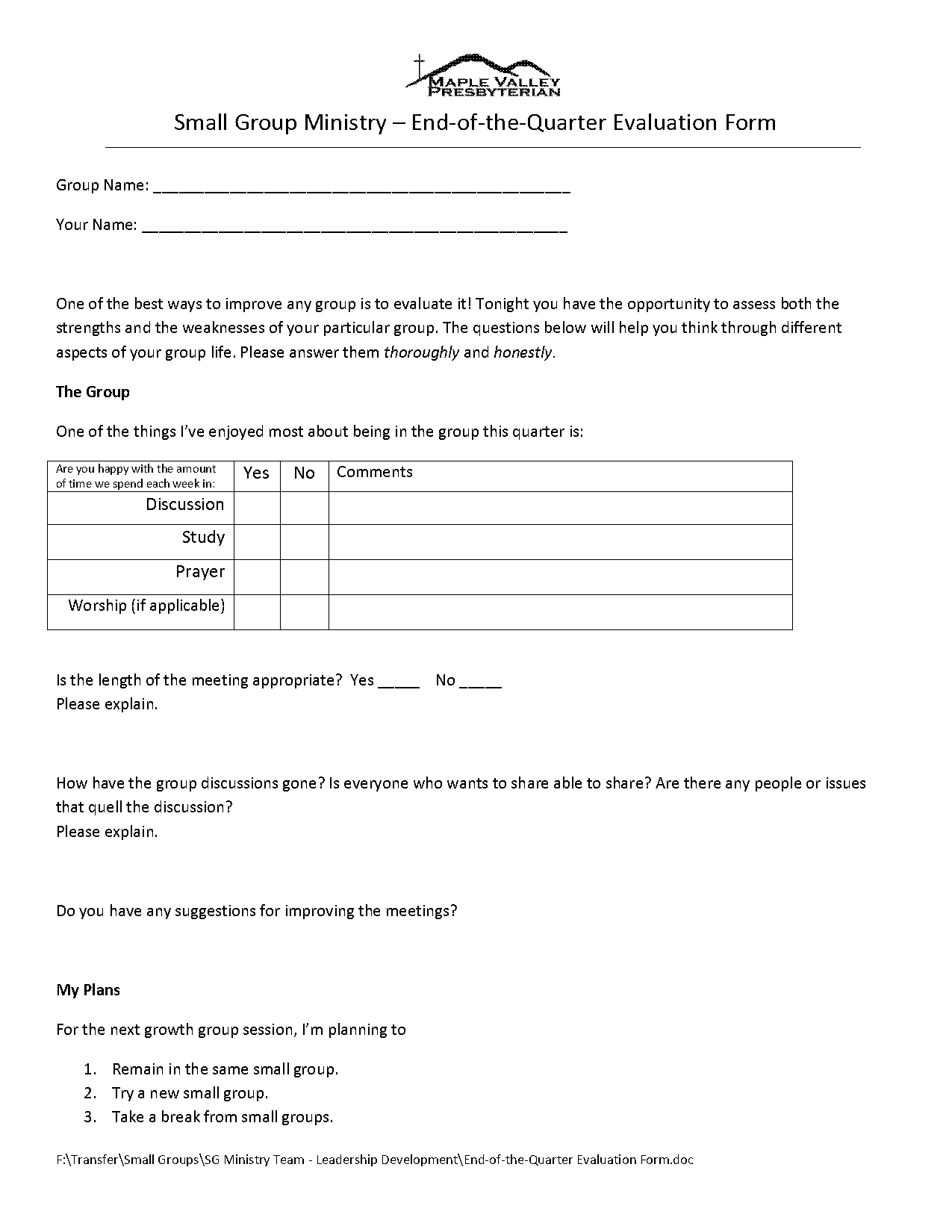 small group leader evaluation form