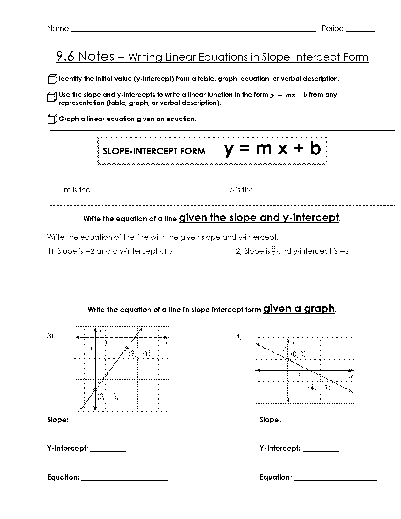 finding equation of a line from a table worksheet