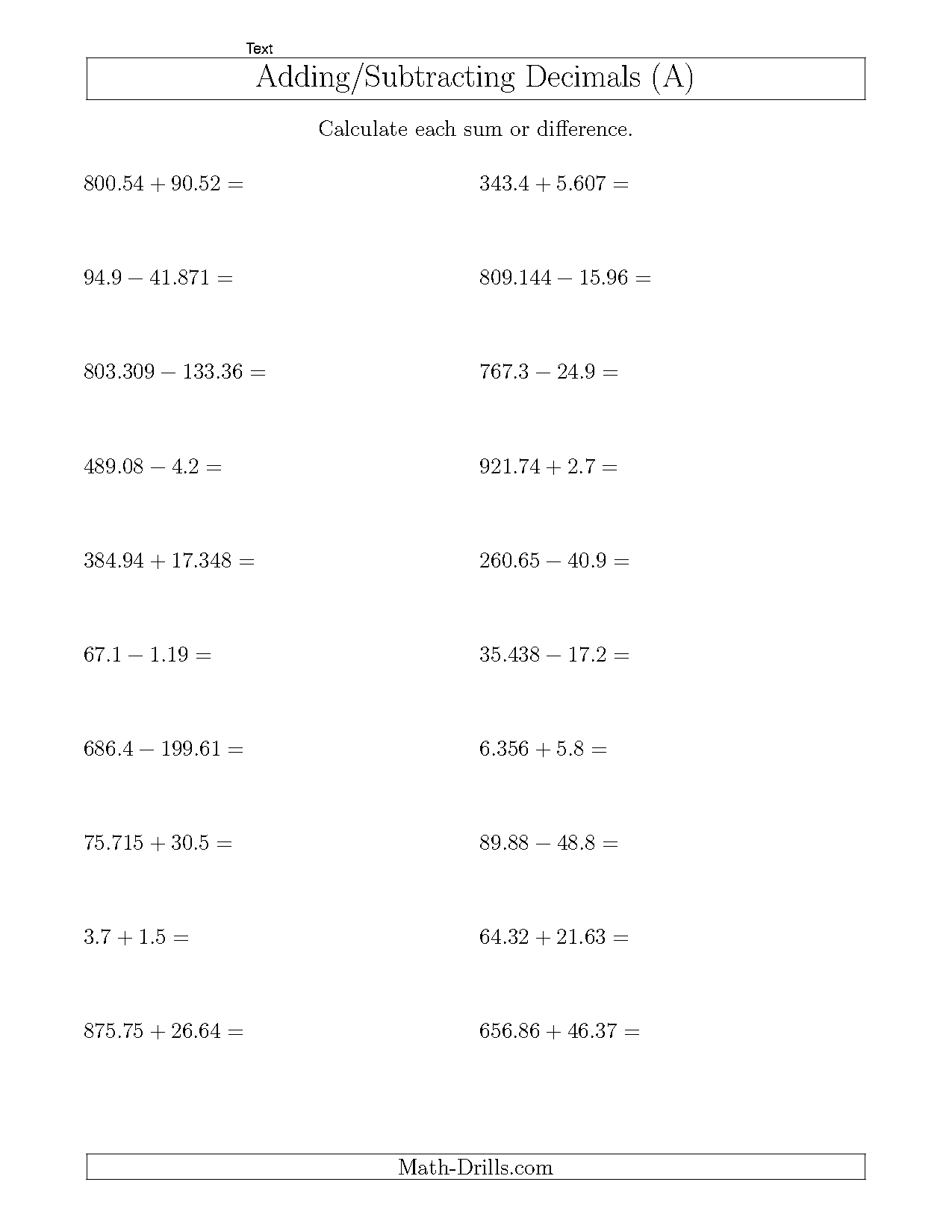 sums addition and subtraction worksheets