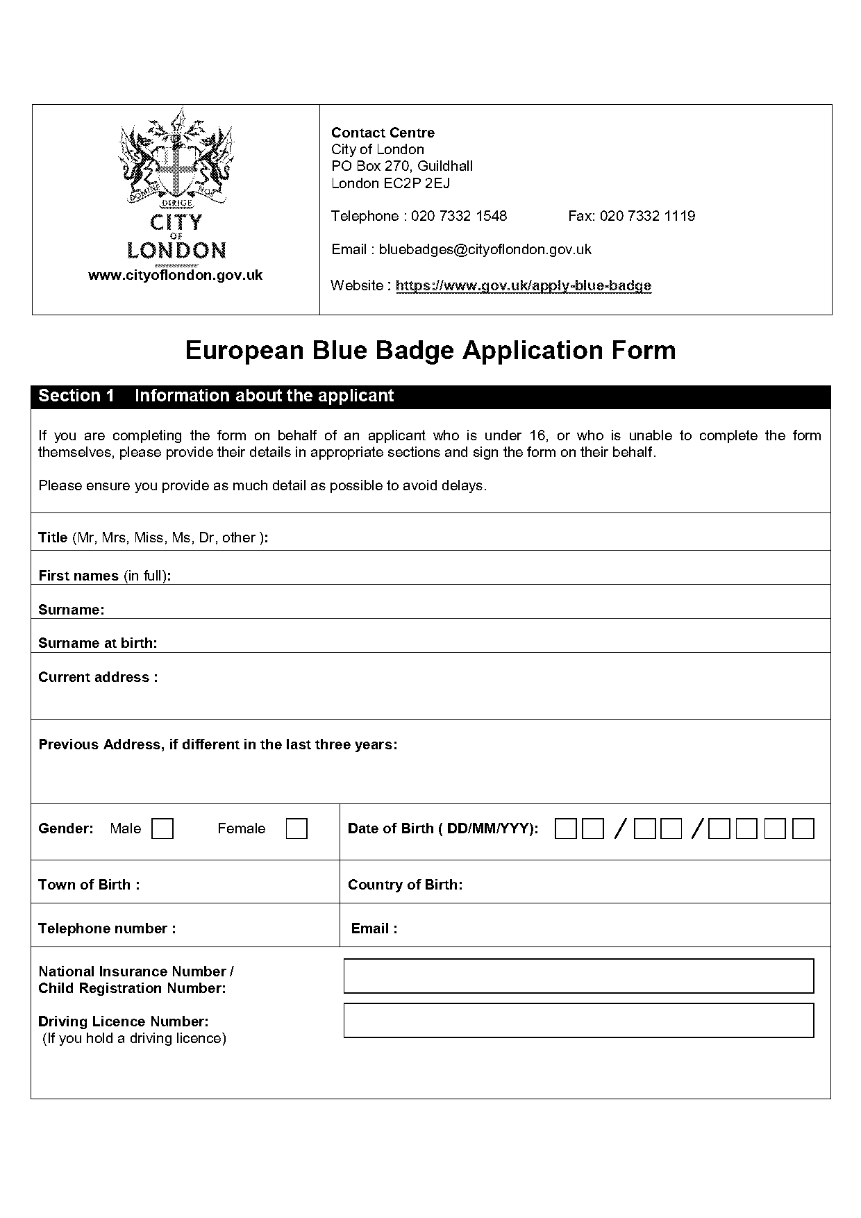 can i download an application form for a blue badge