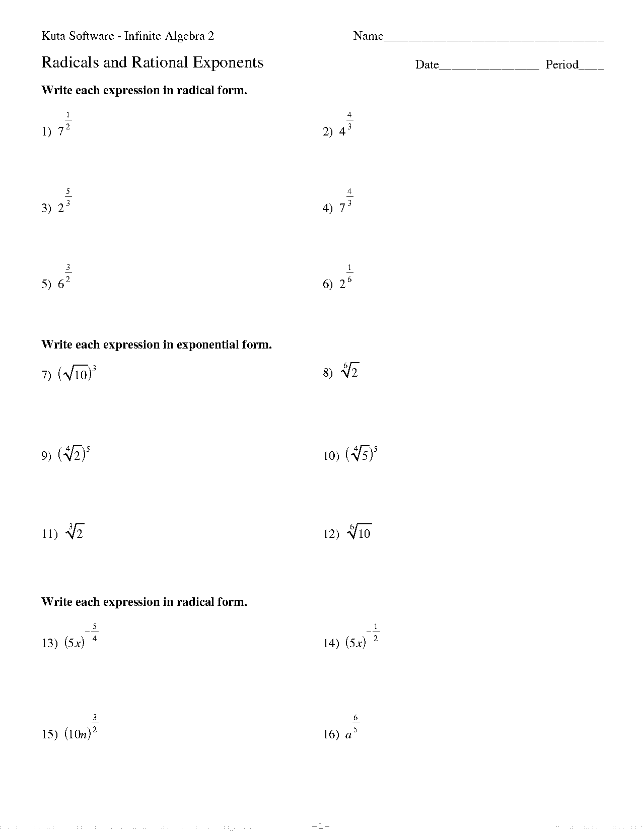 radical to fractional exponent worksheets