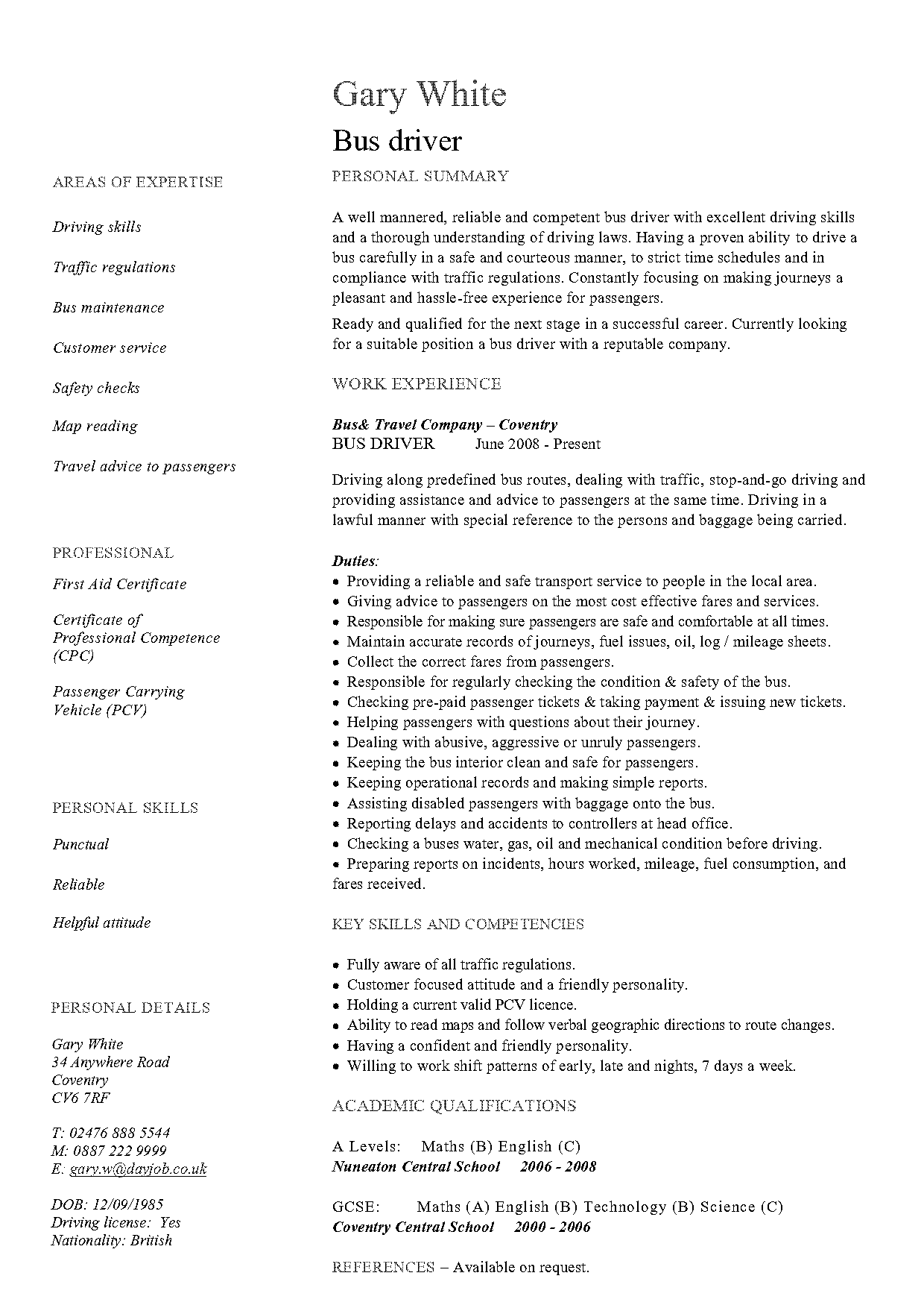 driver cv sample pdf