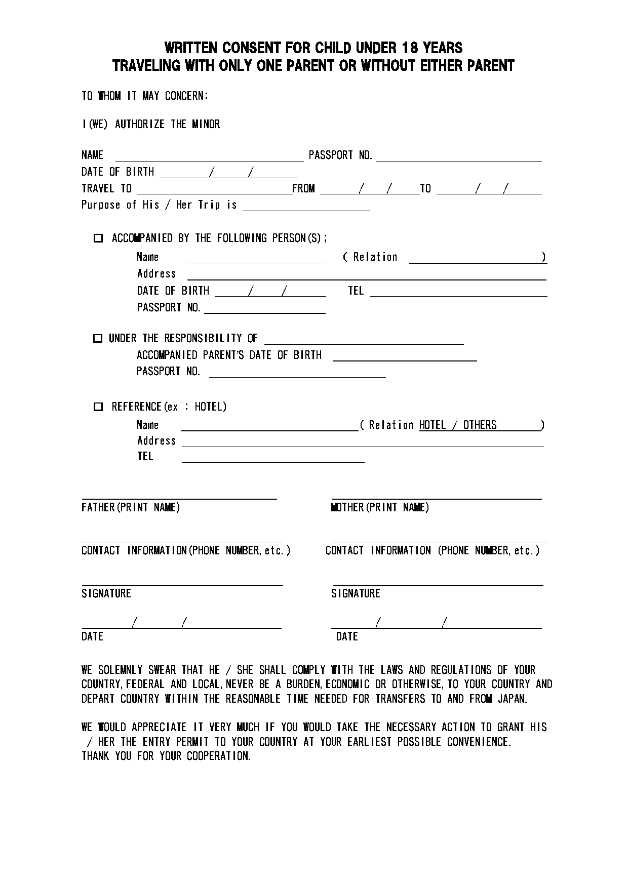 travel consent form for child traveling with one parent