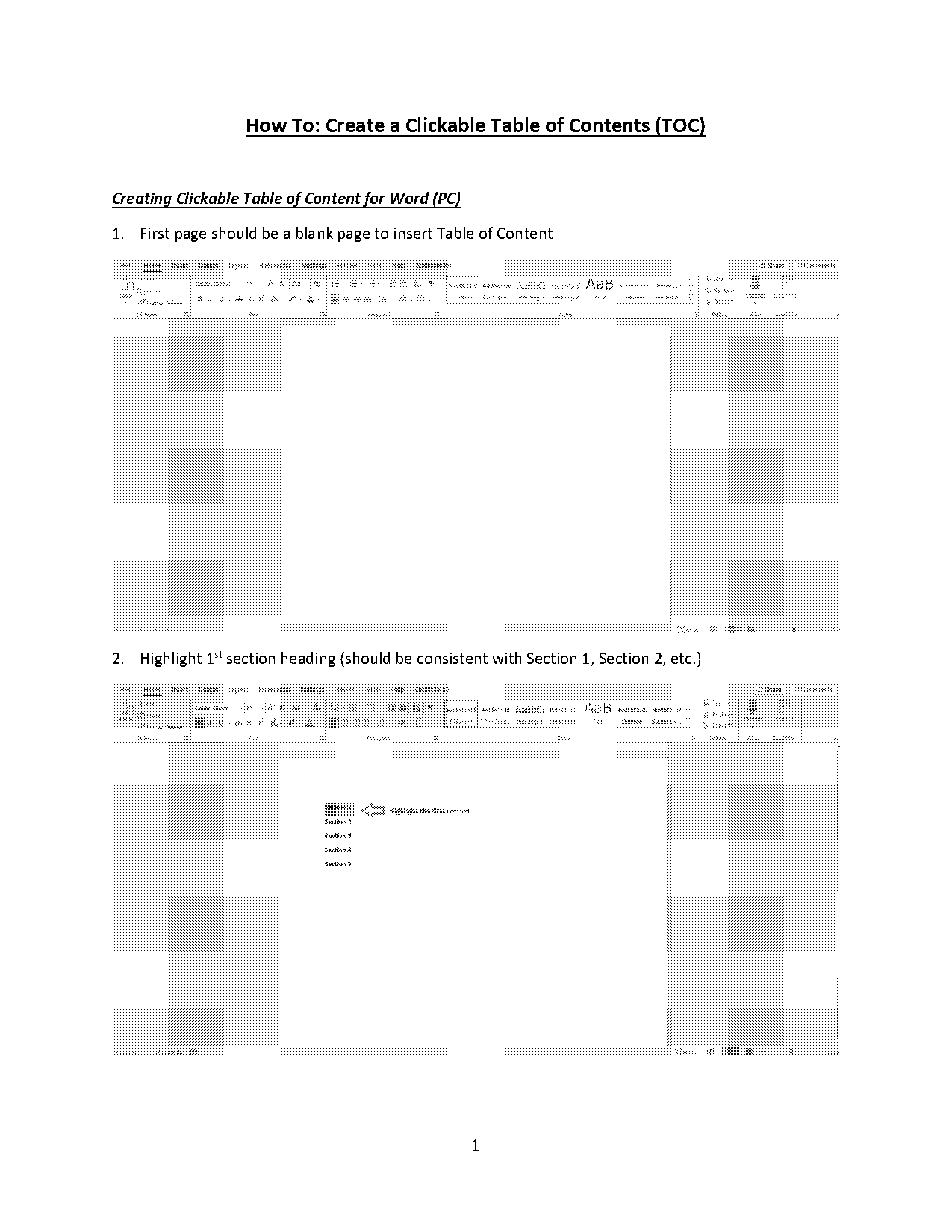 how reference section of paper word to table of contents