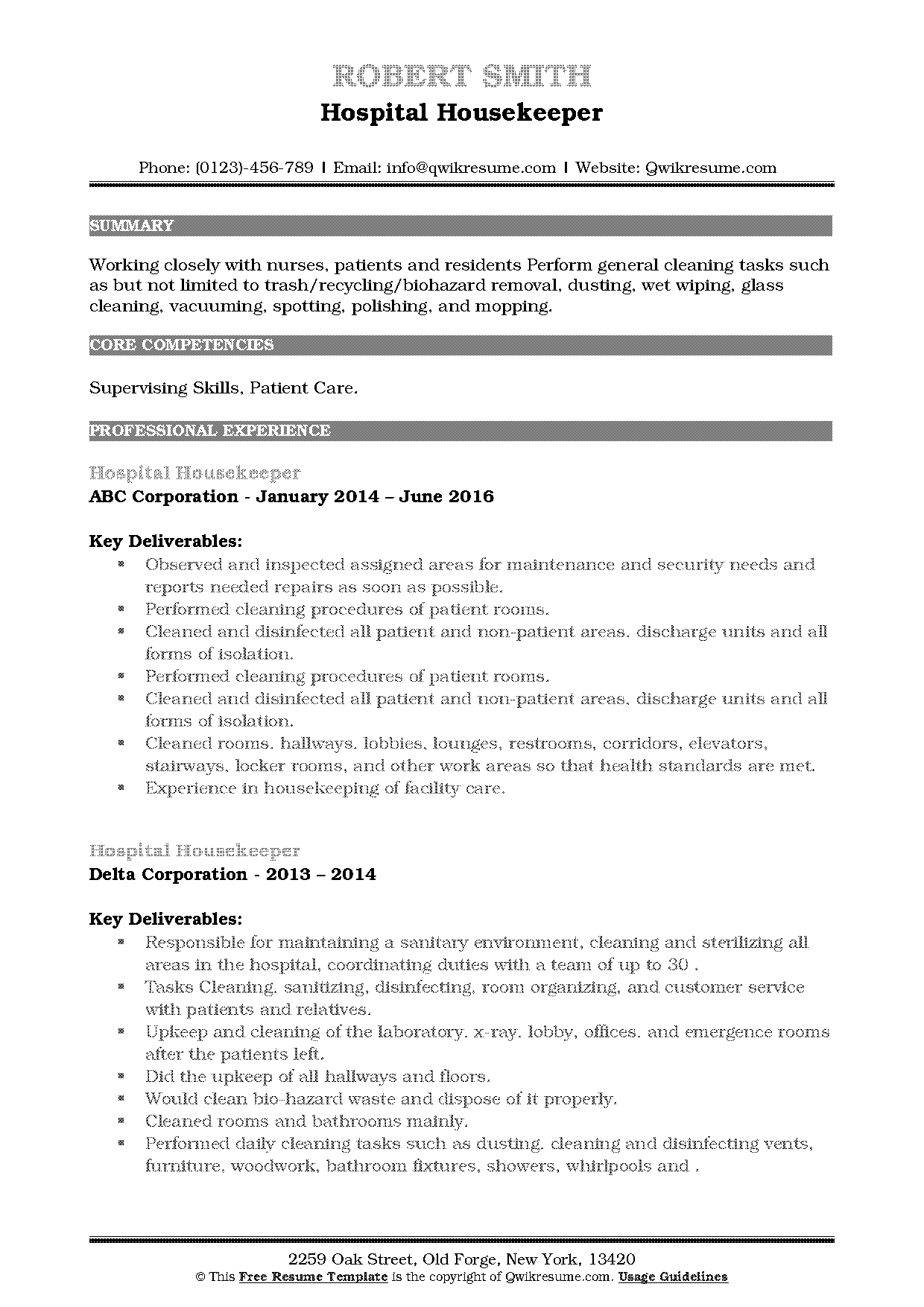 free sample housekeeping resume