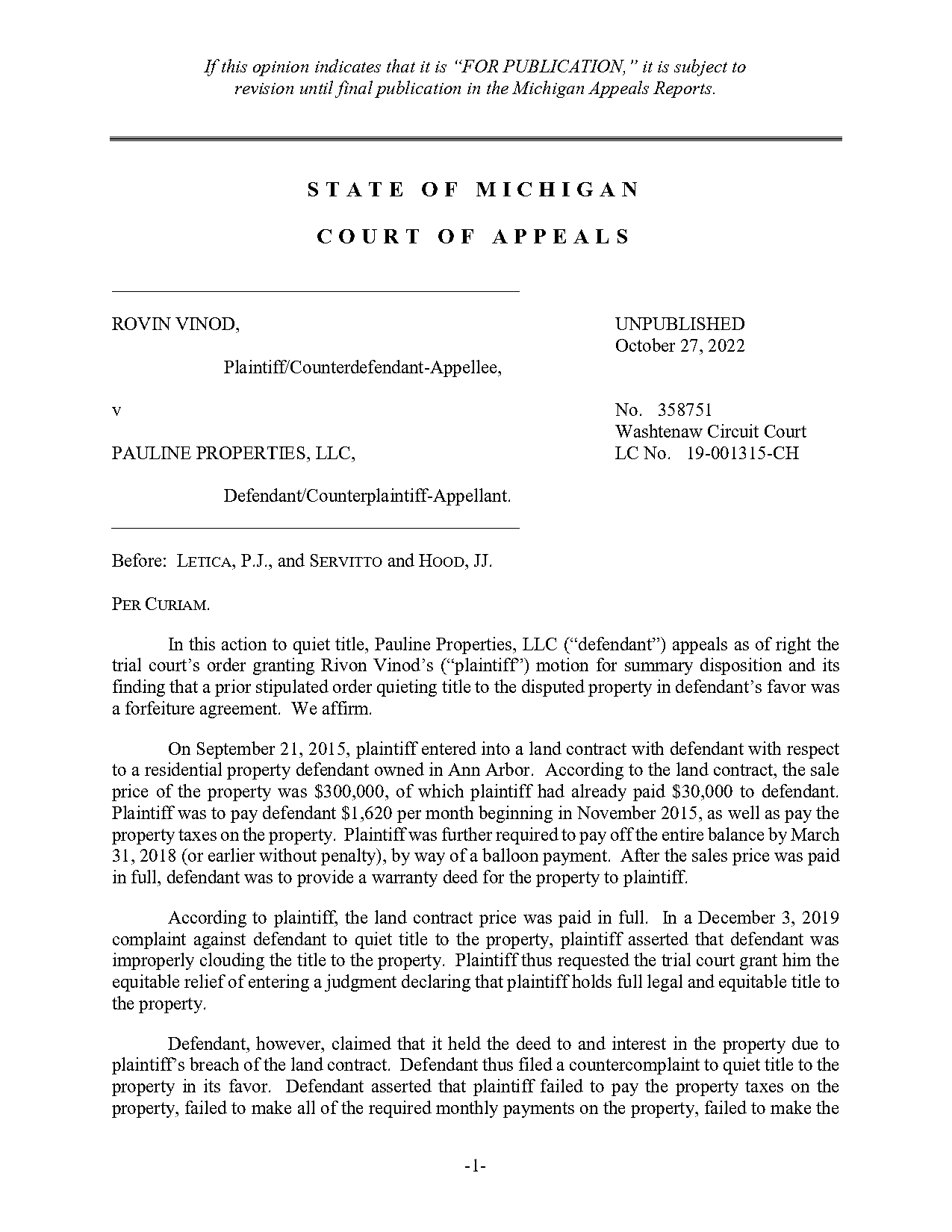 michigan land contract statute