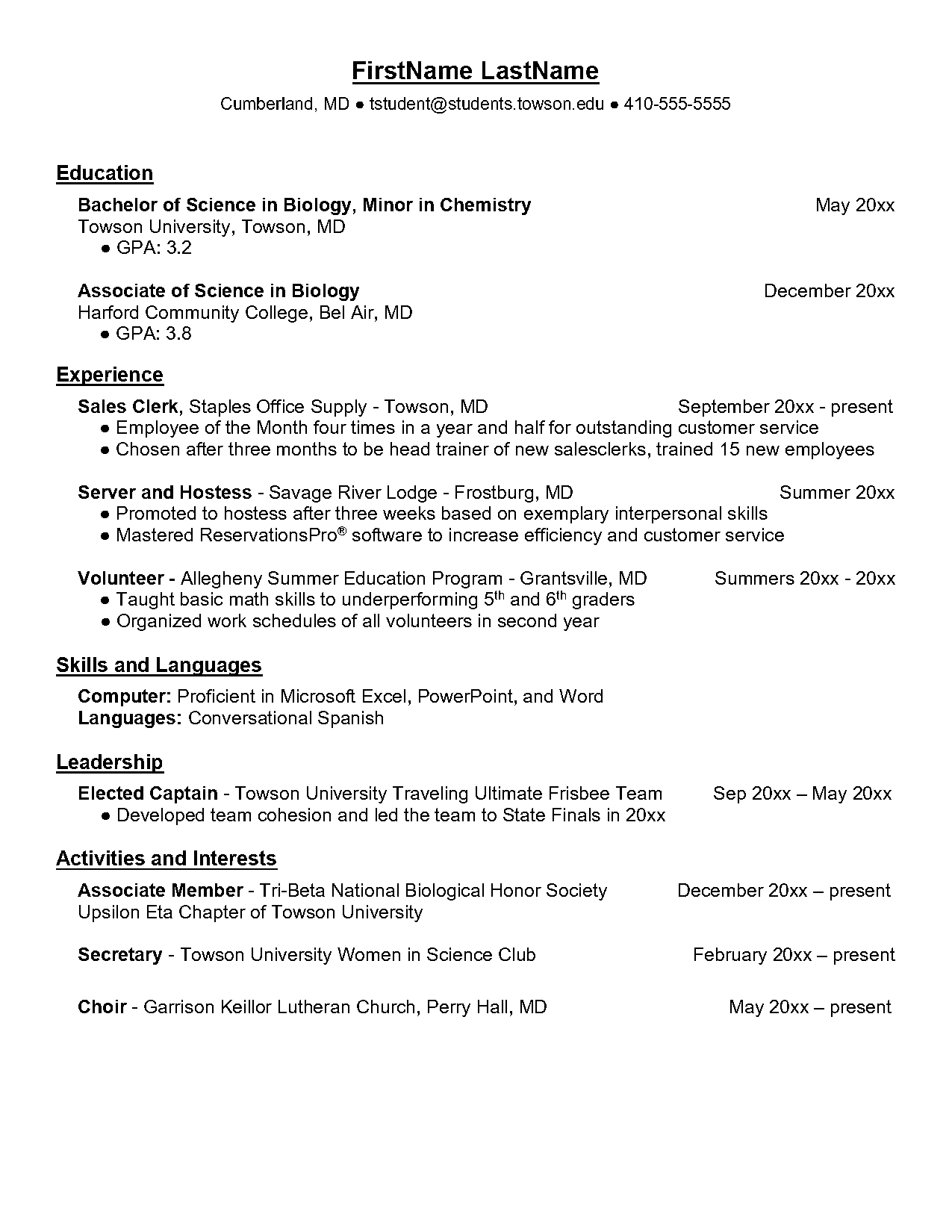 biology major skills resume